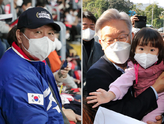 윤석열(왼쪽) 국민의힘 대선 후보가 14일 오후 서울 구로구 고척스카이돔에서 열린 2021 프로야구 포스트시즌 한국시리즈 1차전 두산 베어스와 kt wiz의 경기를 찾아 경기를 관람했다. 같은 날 이재명(오른쪽) 더불어민주당 대선후보는 경남 거제시 대우조선소 정문 앞에서 열린 대우조선소 노조·시민대책위원회 타운홀 미팅을 마친 뒤 대우조선해양으로 들어가던 중 어린아이를 안아주는 모습을 보였다.왼쪽부터 윤석열 캠프 제공, 연합뉴스